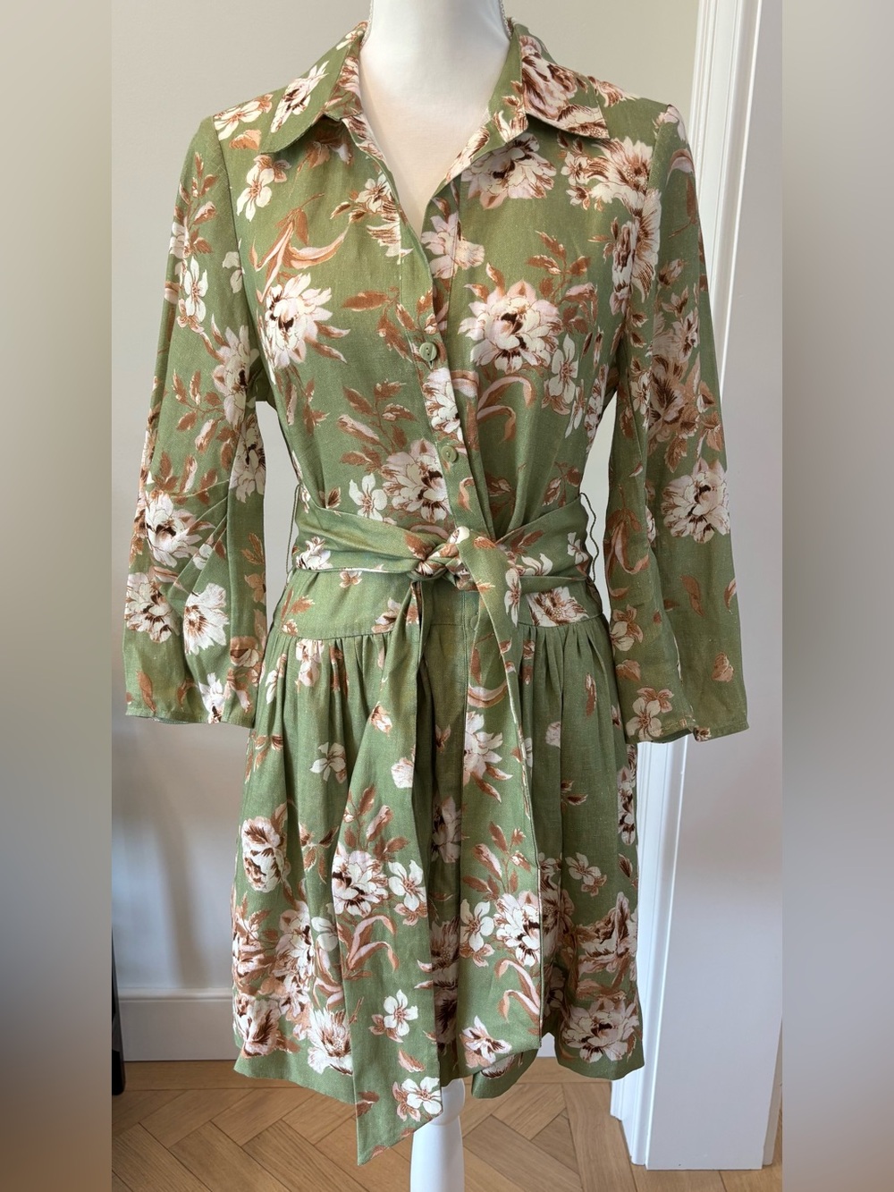 Cara Cara Dress Linen Olive Floral Tie-Waist Long Sleeve Dress Sz 8 Cottagecore